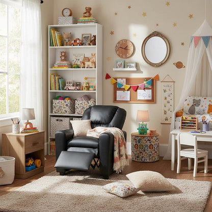 Kids Recliner Chair, Black PU Leather, Cupholder