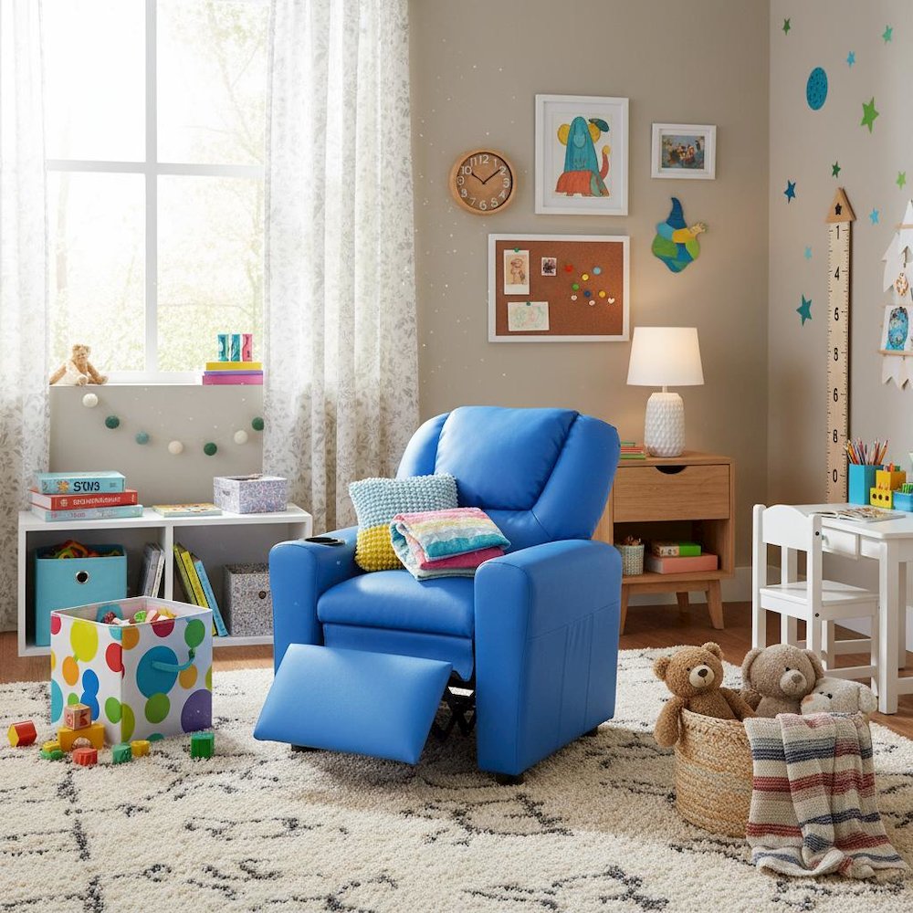 Kids Recliner Chair, Blue PU Leather, Cupholder