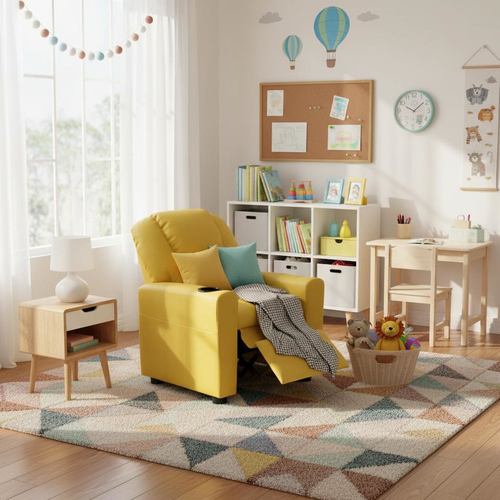 Kids Recliner Chair, Yellow PU Leather, Cupholder