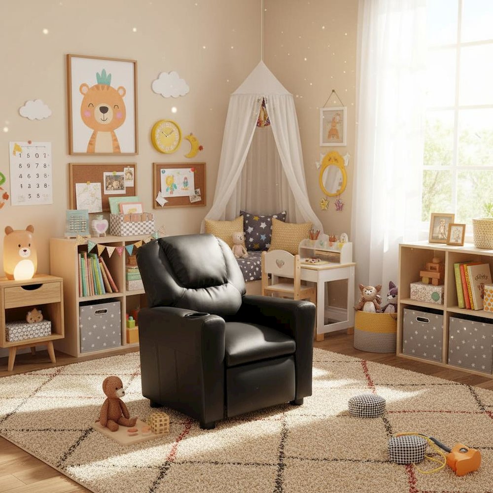 Kids Recliner Chair, Black PU Leather, Cupholder