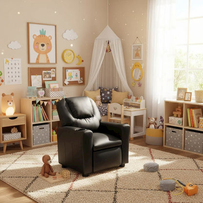 Kids Recliner Chair, Black PU Leather, Cupholder
