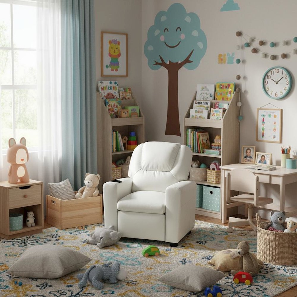 Kids Recliner Chair, White PU Leather, Cupholder