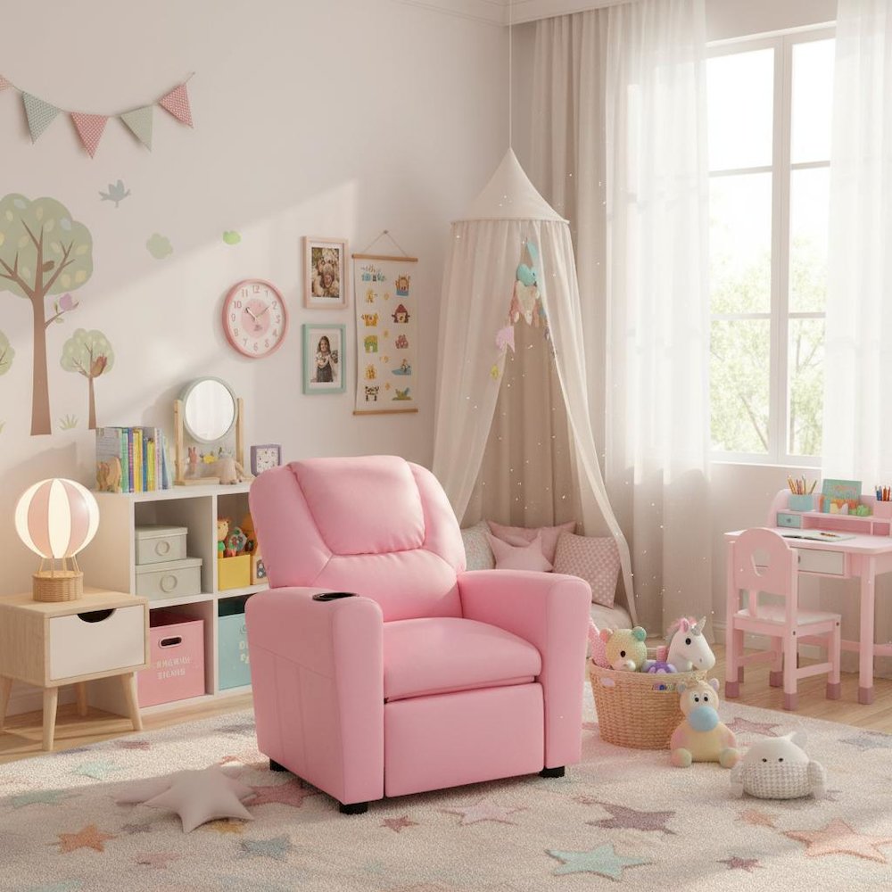 Kids Recliner Chair, Pink PU Leather, Cupholder