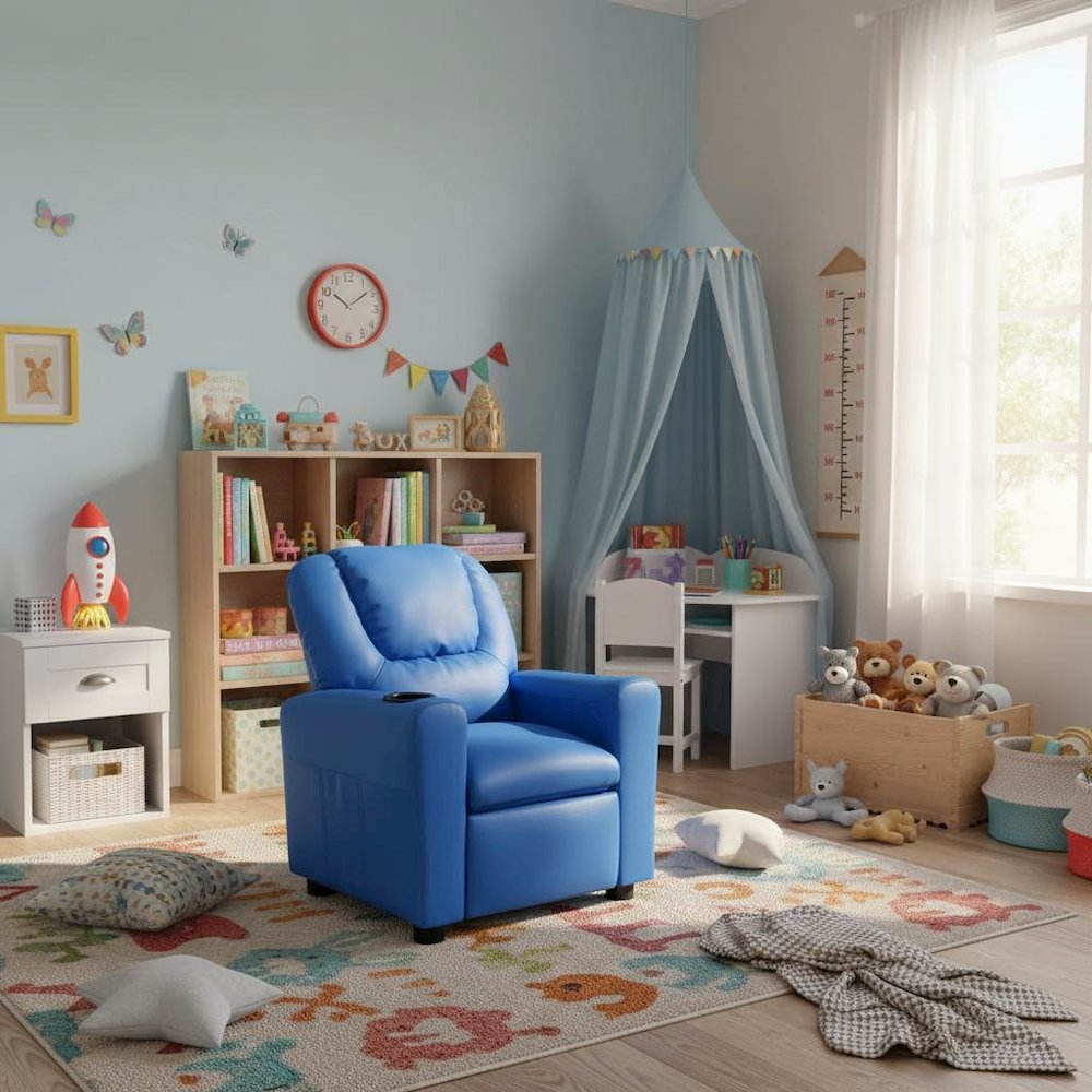 Kids Recliner Chair, Blue PU Leather, Cupholder