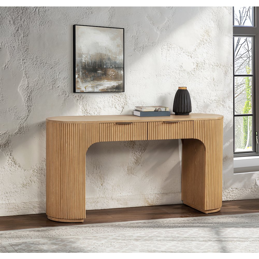 60" Wide Modern Fluted 2-Drawer Computer Desk Mid Century, Light Oak