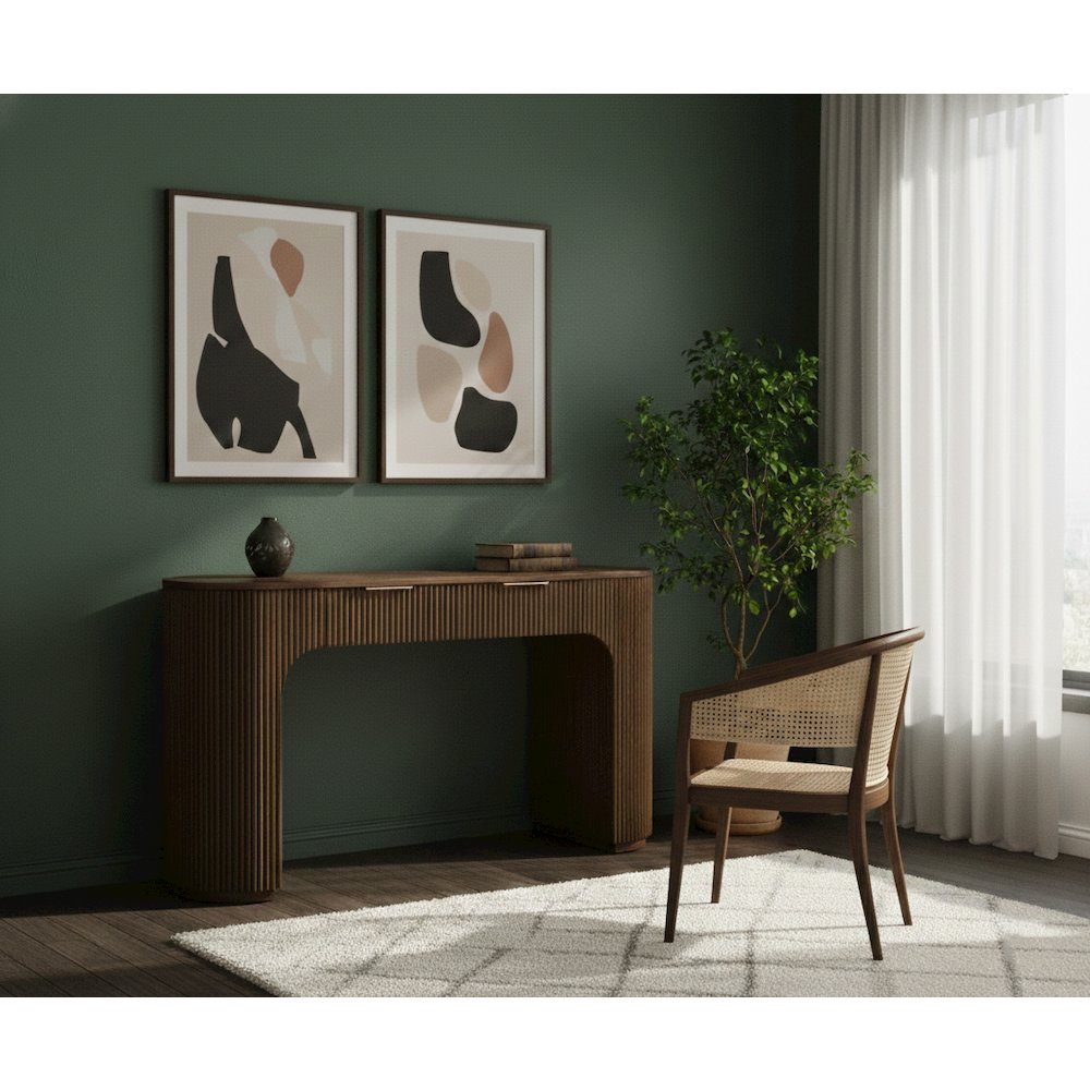 60" Wide Modern Fluted 2-Drawer Computer Desk Mid Century, Brown