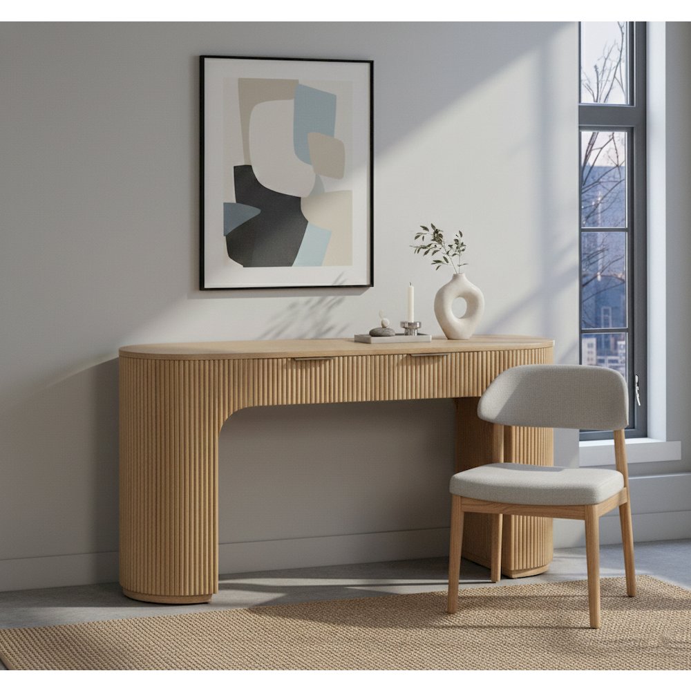 60" Wide Modern Fluted 2-Drawer Computer Desk Mid Century, Light Oak