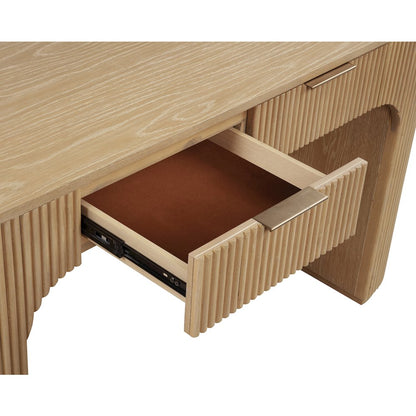 60" Wide Modern Fluted 2-Drawer Computer Desk Mid Century, Light Oak