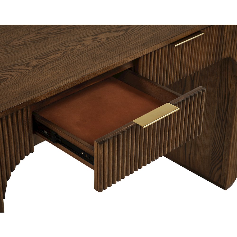 Quintet 60" Wide Modern Fluted 2-Drawer Computer Desk, Curved Design - Brown