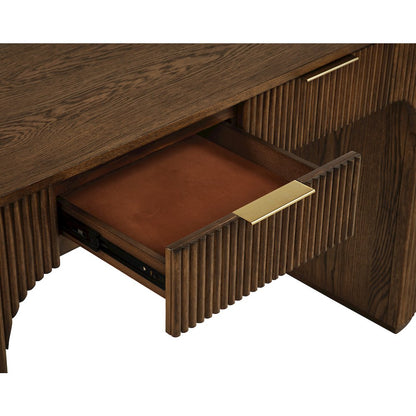 Quintet 60" Wide Modern Fluted 2-Drawer Computer Desk, Curved Design - Brown