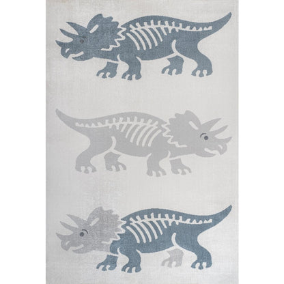 Trike Triceratops Modern Kids Machine-Washable Cream/Blue 4 ft. x 6 ft. Area Rug