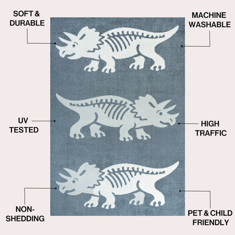 Trike Triceratops Kids Washable Dark Gray/Cream 5 ft. x 8 ft. Area Rug