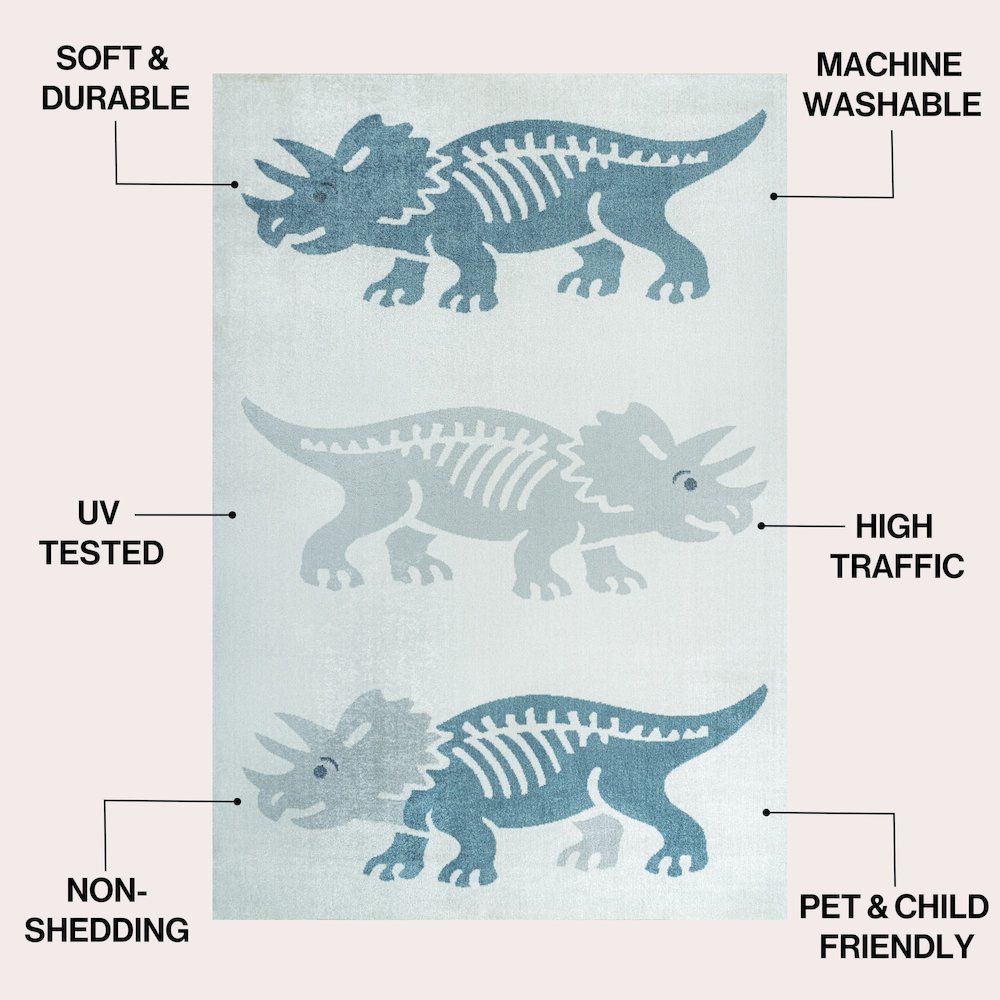 Trike Triceratops Kids Washable Cream/Blue 8 ft. x 10 ft. Area Rug