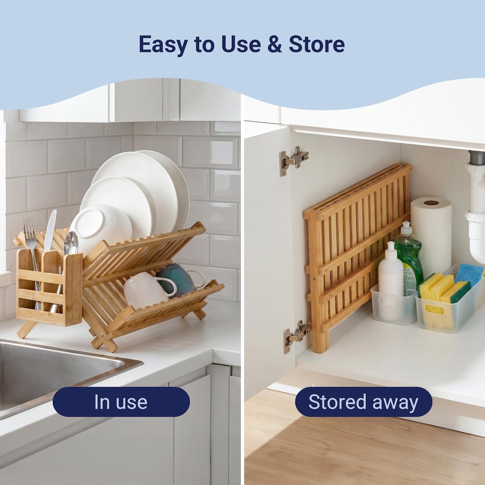 Arlen Bamboo Foldable 2-Tier Dish Drying Rack, Natural