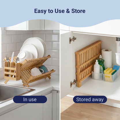 Arlen Bamboo Foldable 2-Tier Dish Drying Rack, Natural