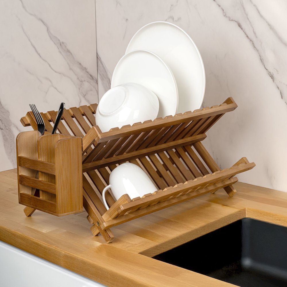 Arlen Bamboo Foldable 2-Tier Dish Drying Rack, Brown