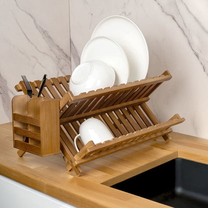 Arlen Bamboo Foldable 2-Tier Dish Drying Rack, Brown