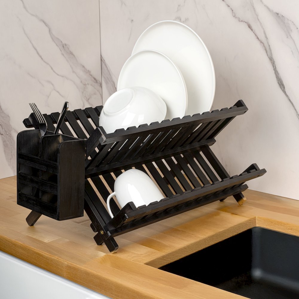 Arlen Bamboo Foldable 2-Tier Dish Drying Rack, Black
