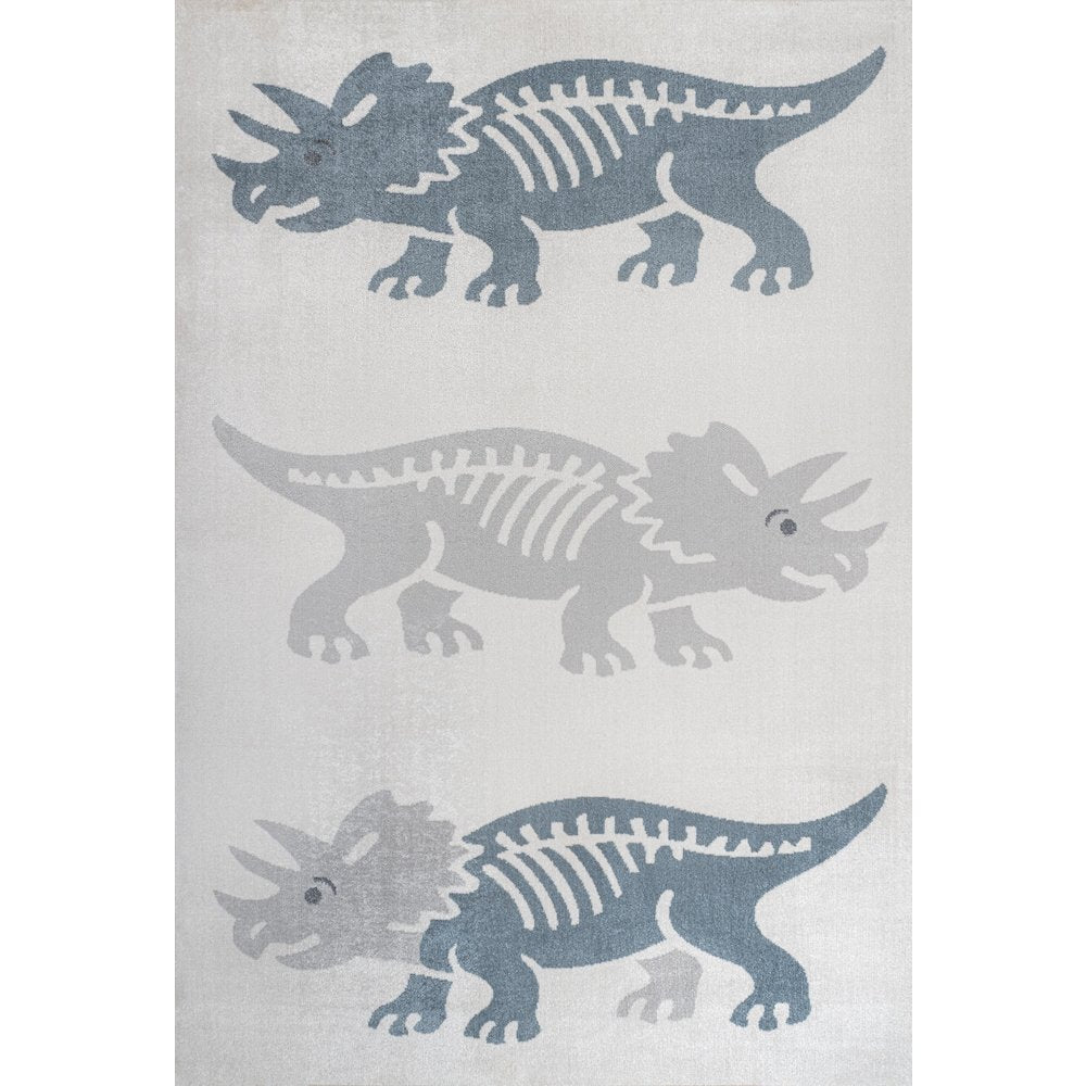 Trike Triceratops Modern Kids Machine-Washable Cream/Blue 3 ft. x 5 ft. Area Rug