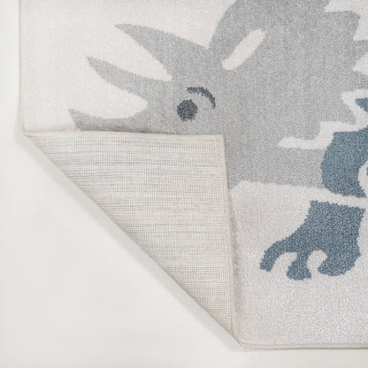 Trike Triceratops Modern Kids Machine-Washable Cream/Blue 3 ft. x 5 ft. Area Rug