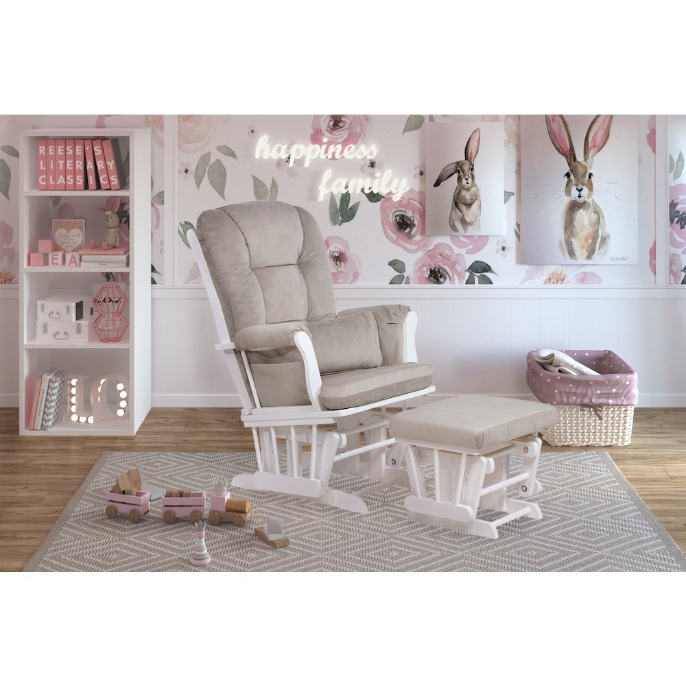 Alice Glider Chair and Ottoman White with Pillow