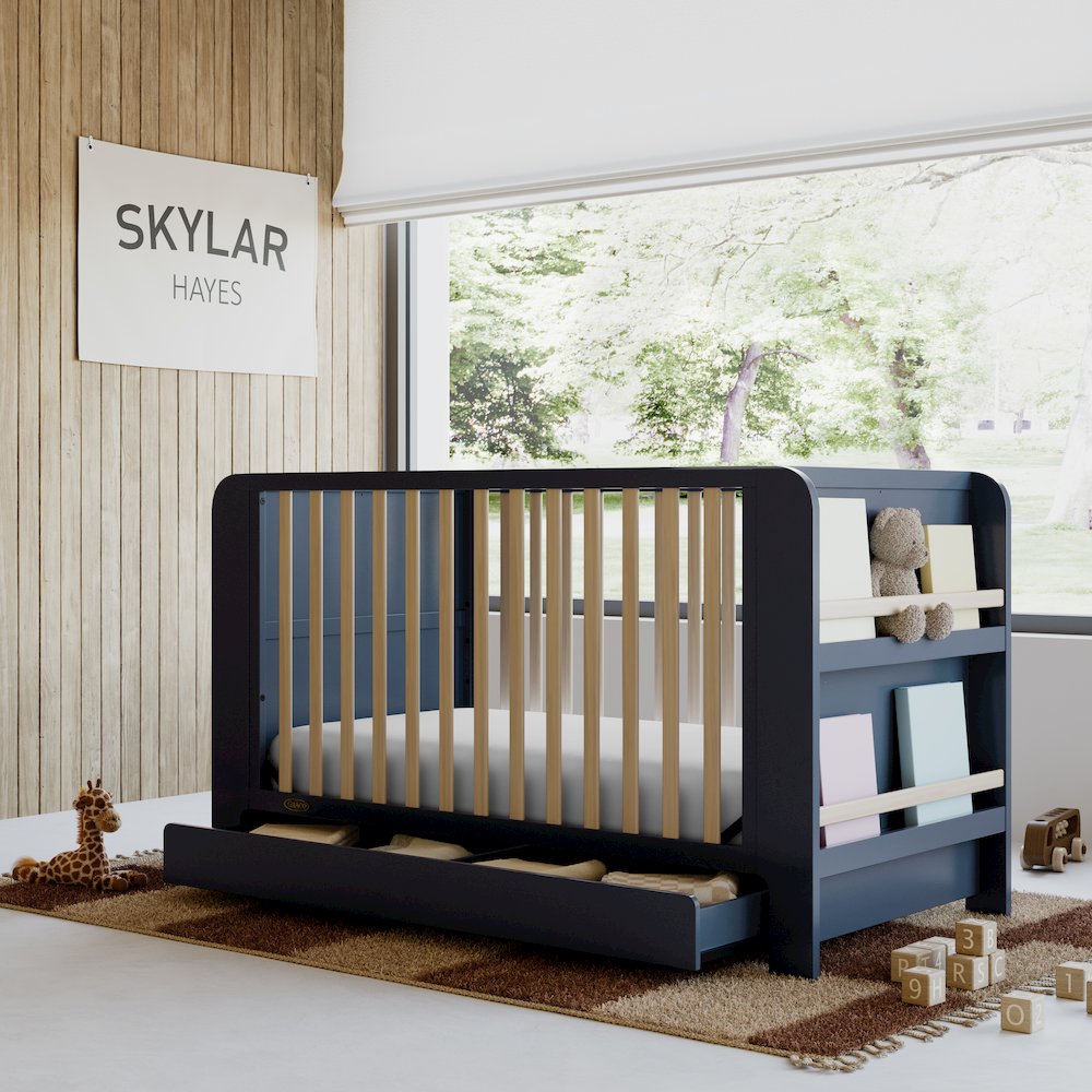 Read-With-Me Crib with Drawer - Midnight Blue/Driftwood