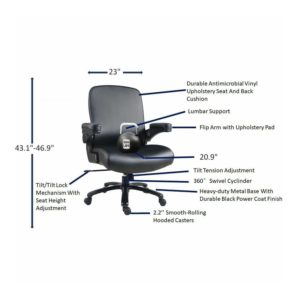 Lorell Big & Tall Flip Arm Chair - Black - Vinyl - Armrest