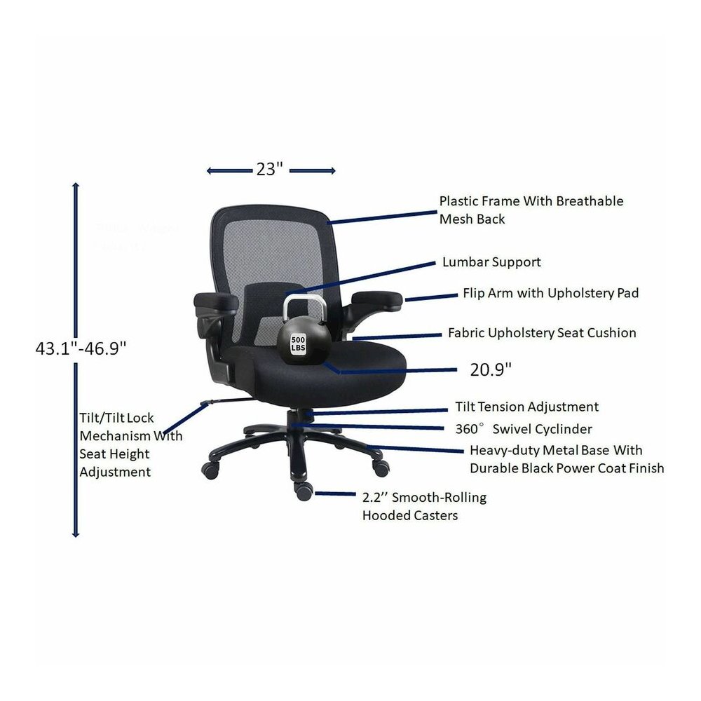 Lorell Big & Tall Flip Arm Chair - Mesh, Fabric - Armrest