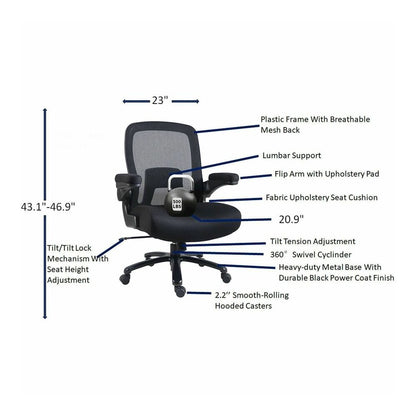 Lorell Big & Tall Flip Arm Chair - Mesh, Fabric - Armrest