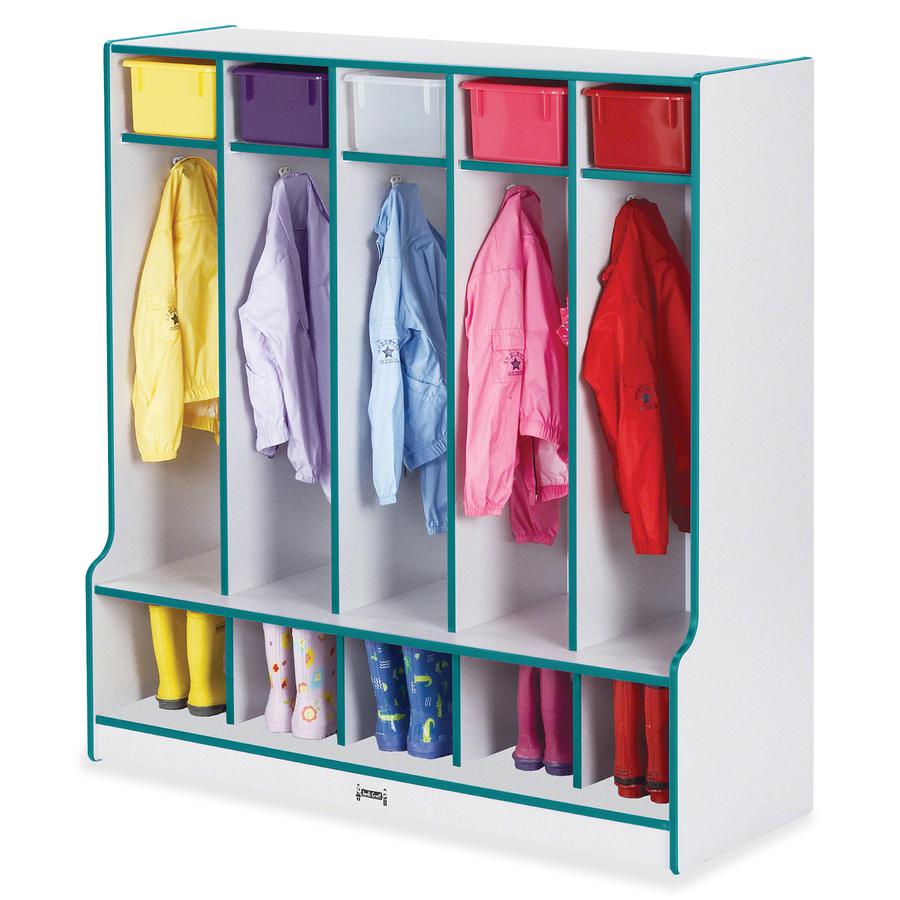 Jonti-Craft Rainbow Accents Step 5 Section Locker - 5 Compartment(s) - 50.5" Height x 48" Width x 17.5" Depth - Double Hook, Durable - Teal - 1 Each