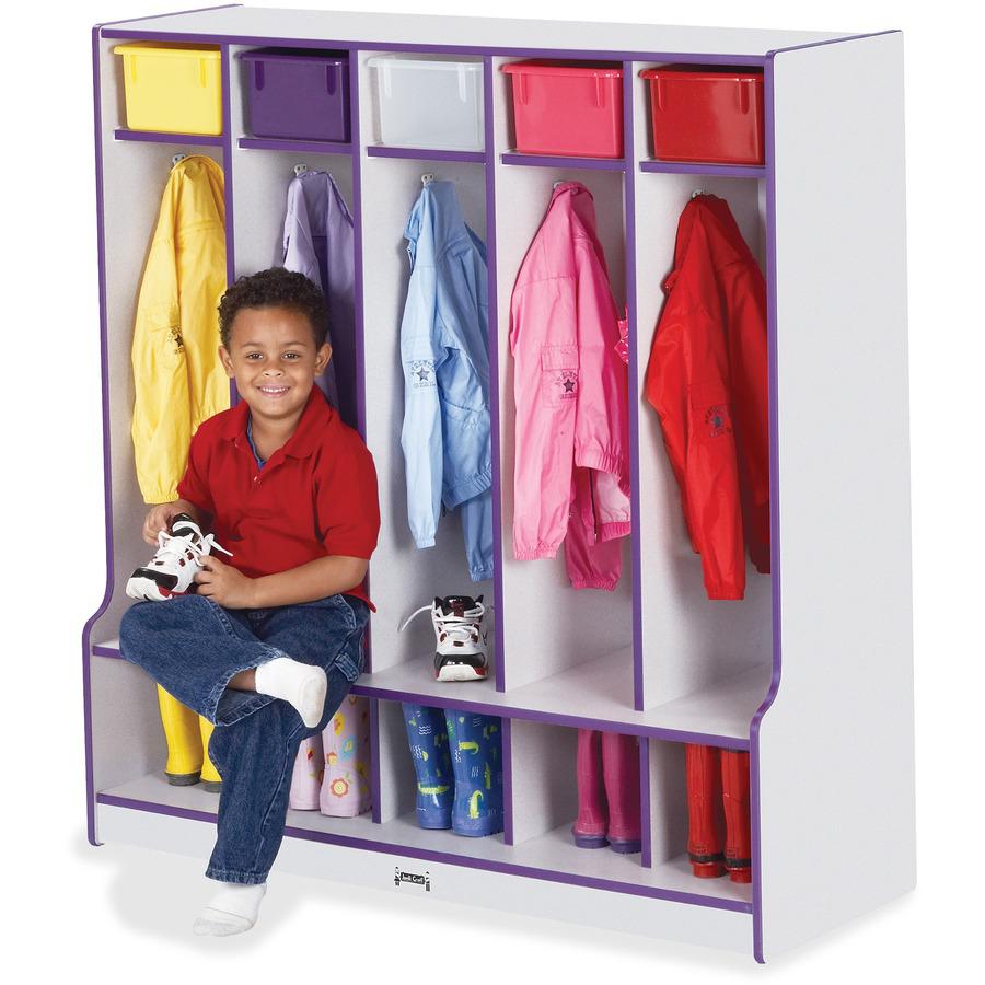 Jonti-Craft Rainbow Accents Step 5 Section Locker - 5 Compartment(s) - 50.5" Height x 48" Width x 17.5" Depth - Double Hook, Durable - Purple - 1 Each
