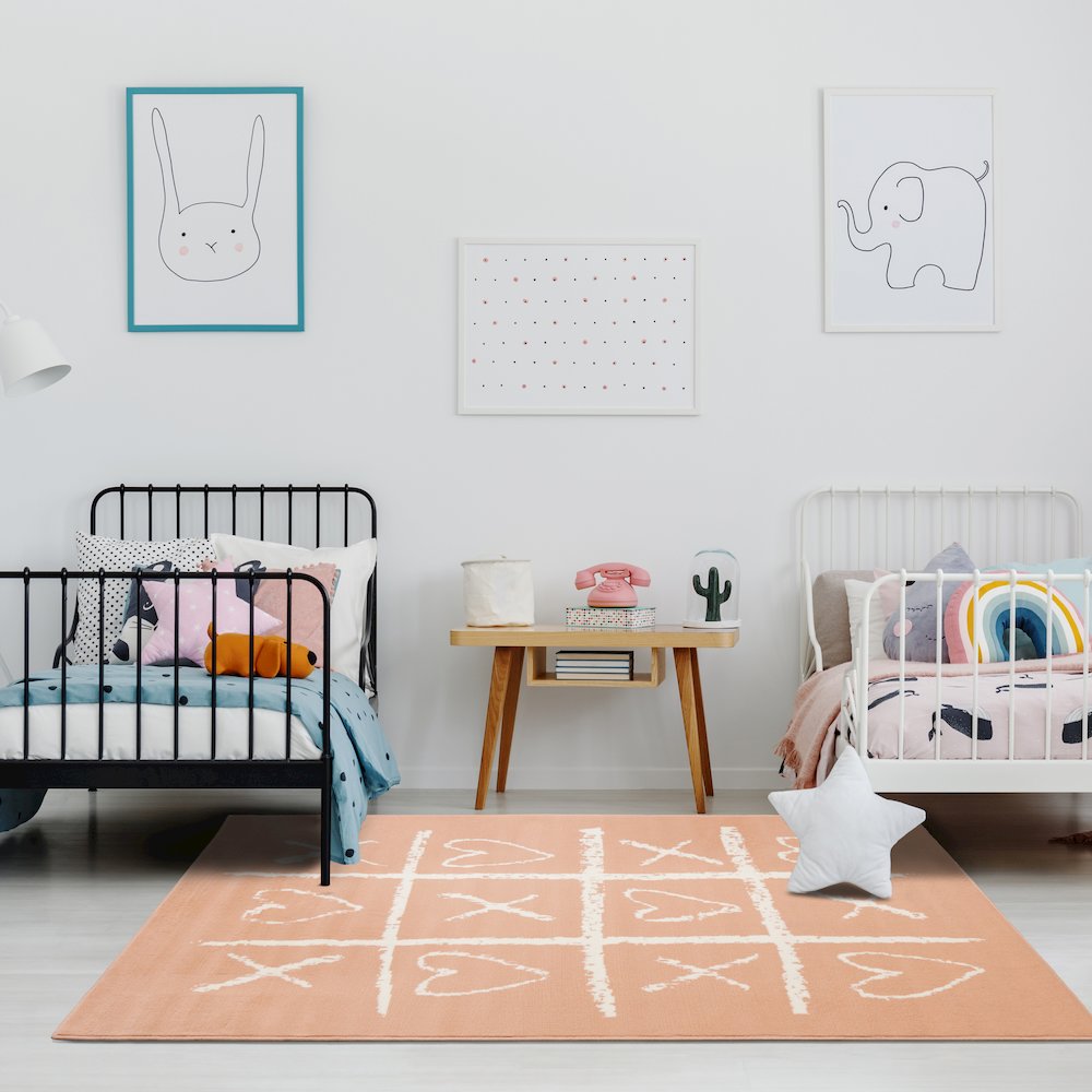 Functional Kids Pink Cream Playing Board Rug, 5'3" x 7'5"