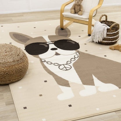 Functional Kids Beige Brown Swaggy Dog Area Rug, 5'3" x 7'5"