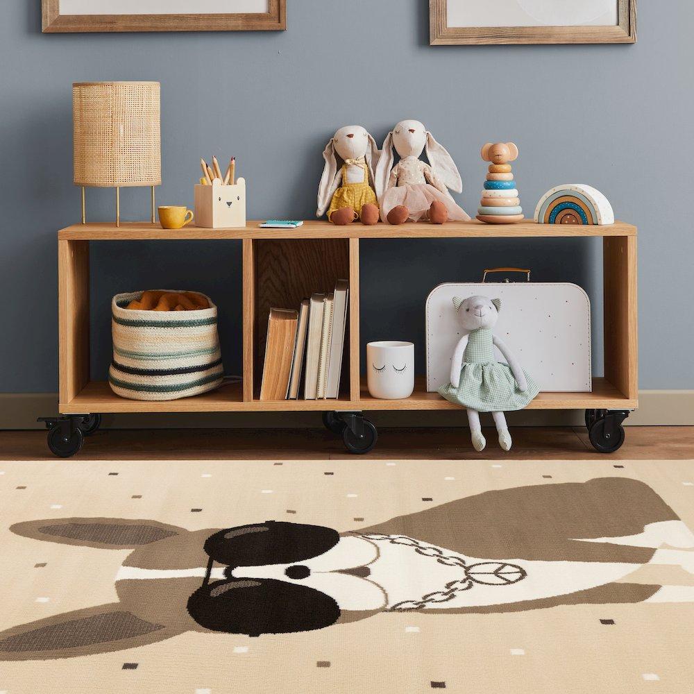 Functional Kids Beige Brown Swaggy Dog Area Rug, 5'3" x 7'5"