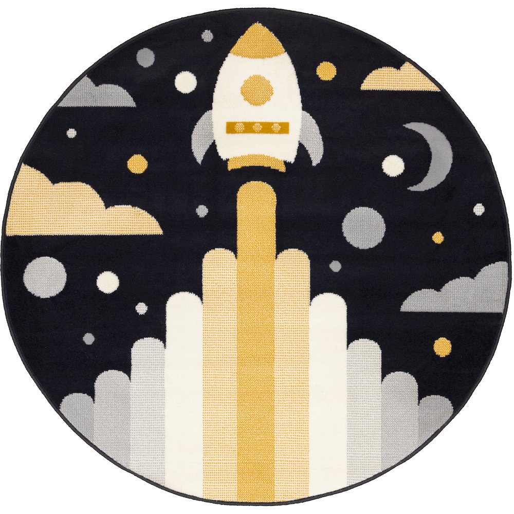 Kids Black White Yellow Rocketship Rug, 5'3" x 5'3" Round, 5'3" x 5'3"