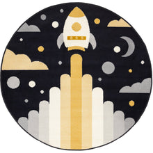Kids Black White Yellow Rocketship Rug, 5'3" x 5'3" Round, 5'3" x 5'3"