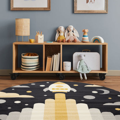 Kids Black White Yellow Rocketship Rug, 5'3" x 5'3" Round, 5'3" x 5'3"