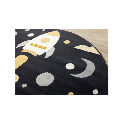 Kids Black White Yellow Rocketship Rug, 5'3" x 5'3" Round, 5'3" x 5'3"