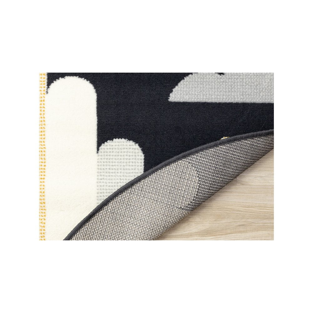 Kids Black White Yellow Rocketship Rug, 5'3" x 5'3" Round, 5'3" x 5'3"
