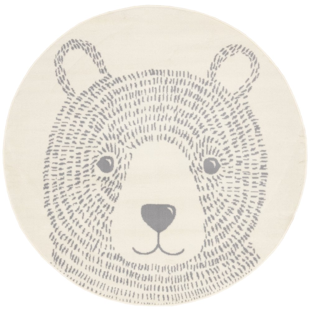 Functional Kids Grey White Teddy Bear Rug, 5'3" x 5'3" Round, 5'3" x 5'3"