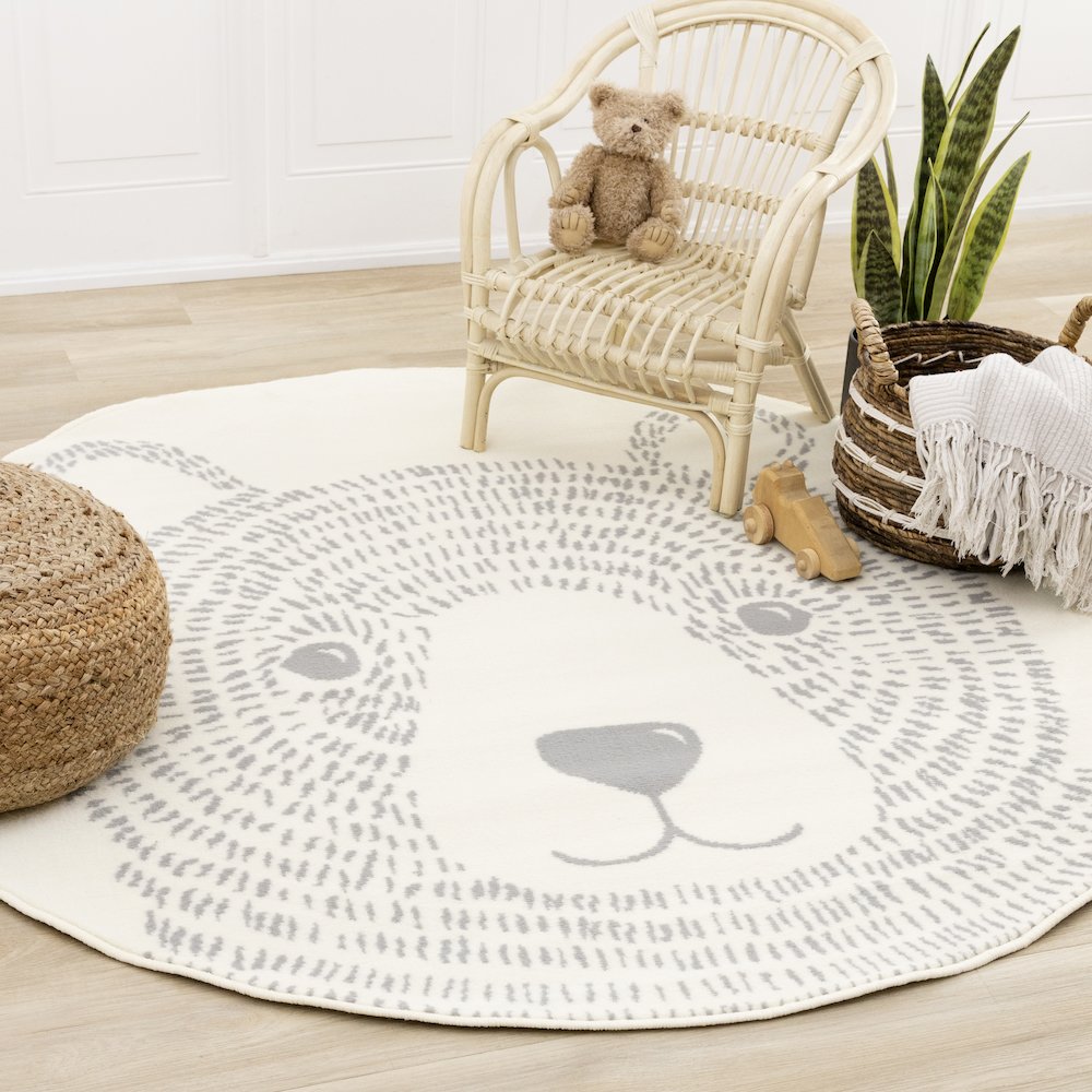 Functional Kids Grey White Teddy Bear Rug, 5'3" x 5'3" Round, 5'3" x 5'3"