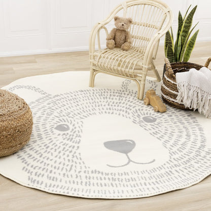 Functional Kids Grey White Teddy Bear Rug, 5'3" x 5'3" Round, 5'3" x 5'3"