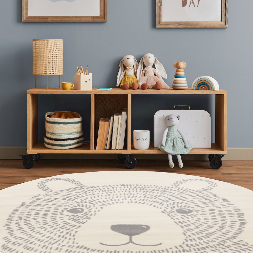 Functional Kids Grey White Teddy Bear Rug, 5'3" x 5'3" Round, 5'3" x 5'3"