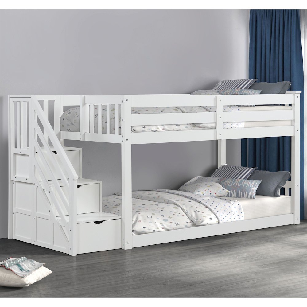 Sabrina White Wood Twin over Twin Bunk Bed with Staircase