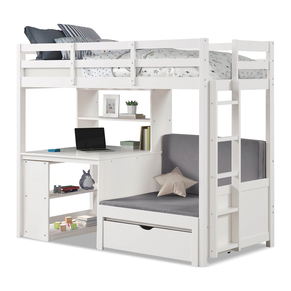 Yalle White Solid Wood USBs Twin Loft Bed with Bookcase