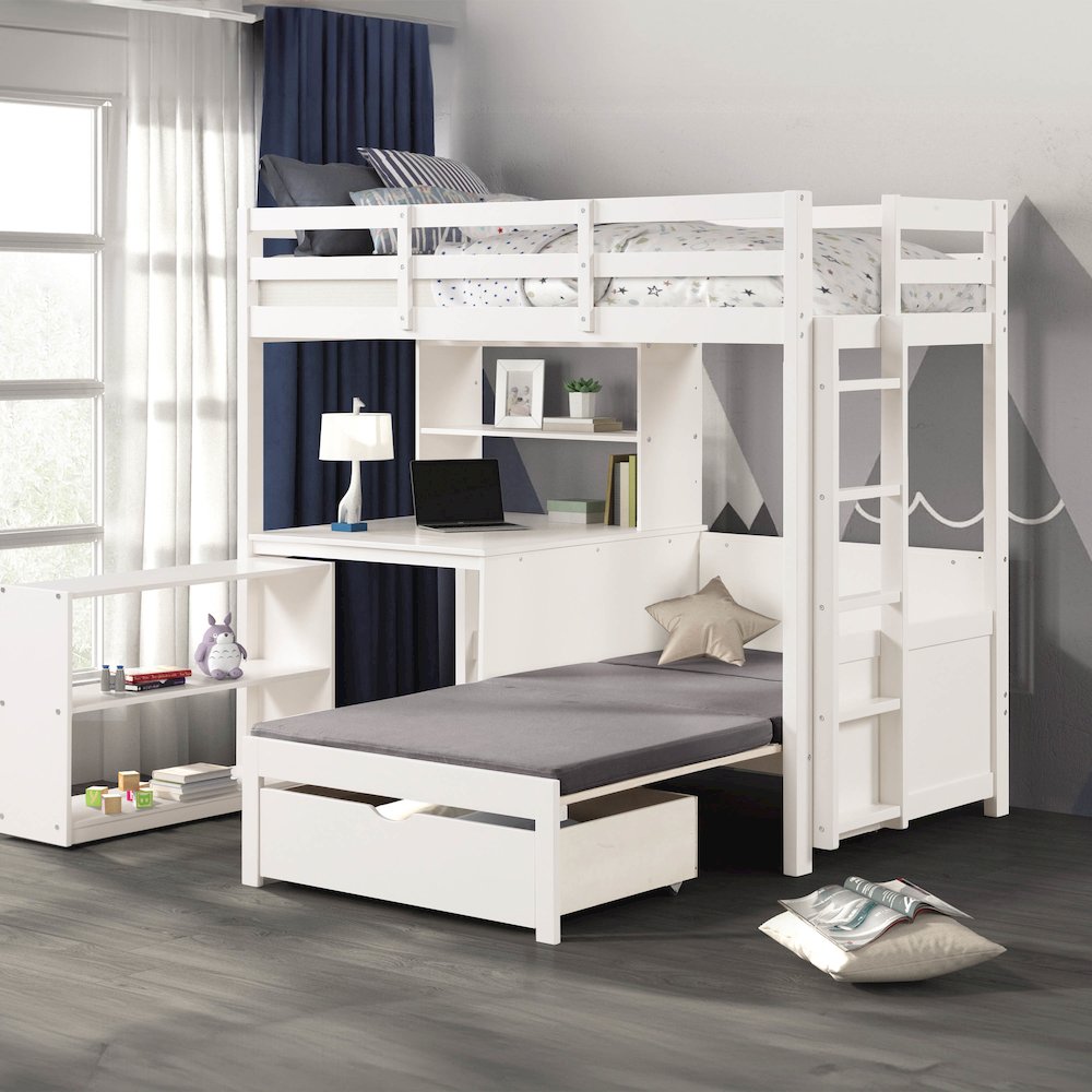 Yalle White Solid Wood USBs Twin Loft Bed with Bookcase