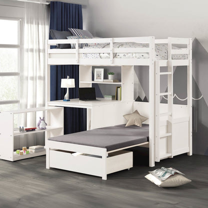 Yalle White Solid Wood USBs Twin Loft Bed with Bookcase