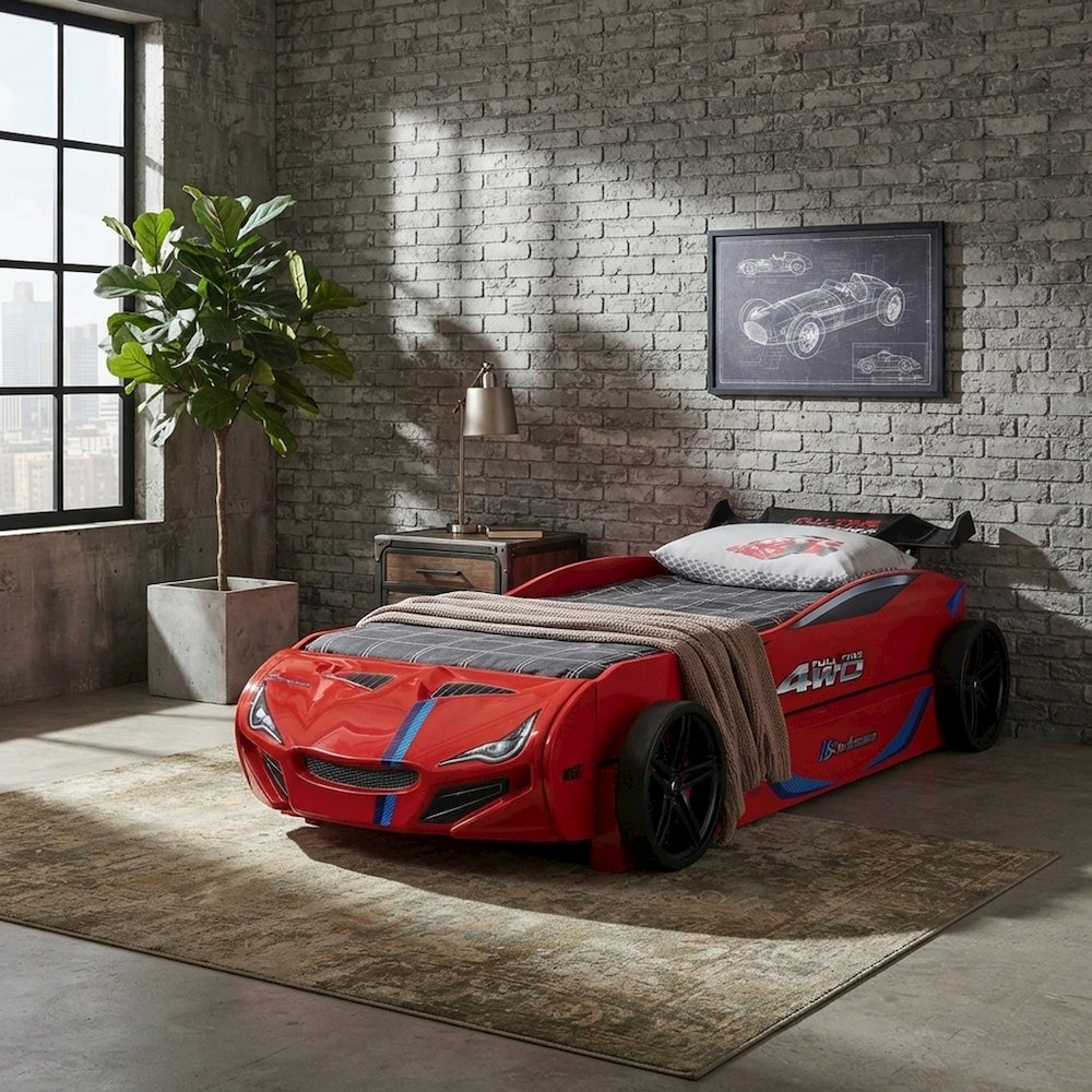 Starlight Canyon Home Race Car Kid Bed with Engineered Wood, Red, Twin