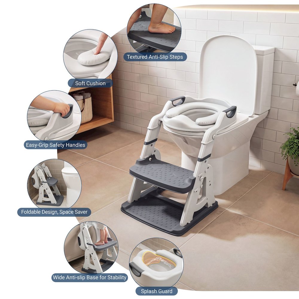Toddler Potty Training Seat with Step Stool Ladder, Foldable, Grey