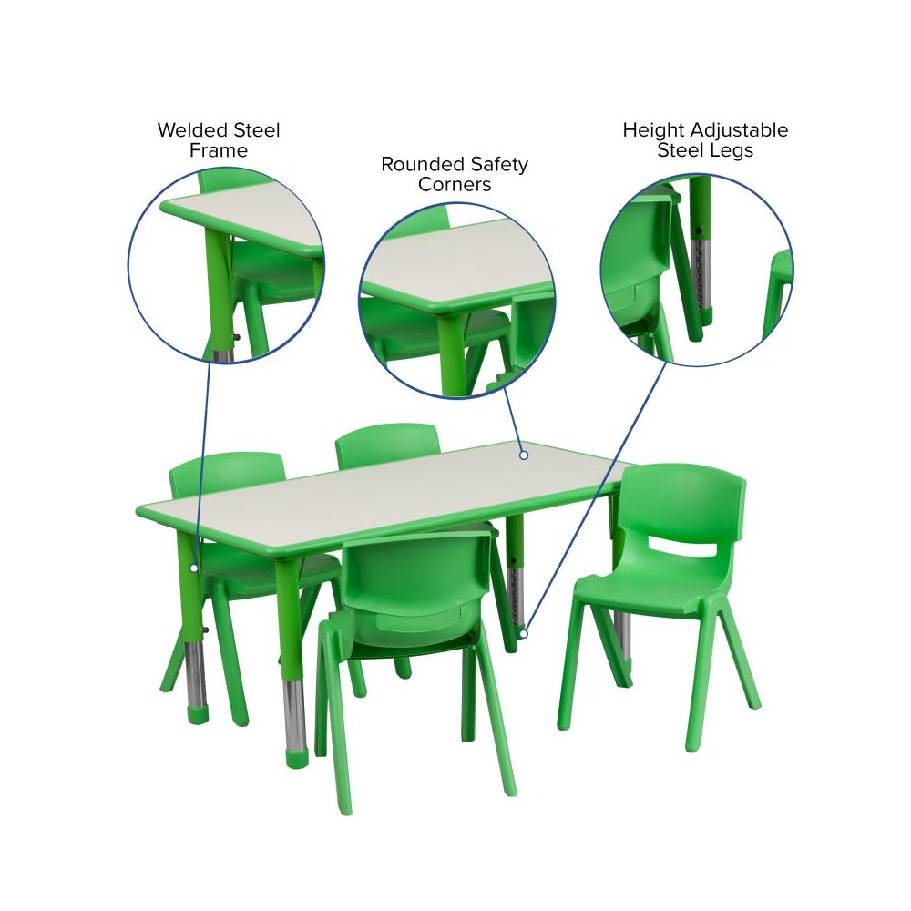 Adjustable Kids Activity Table Set –Green/Gray Plastic Table with 4 Green Chairs